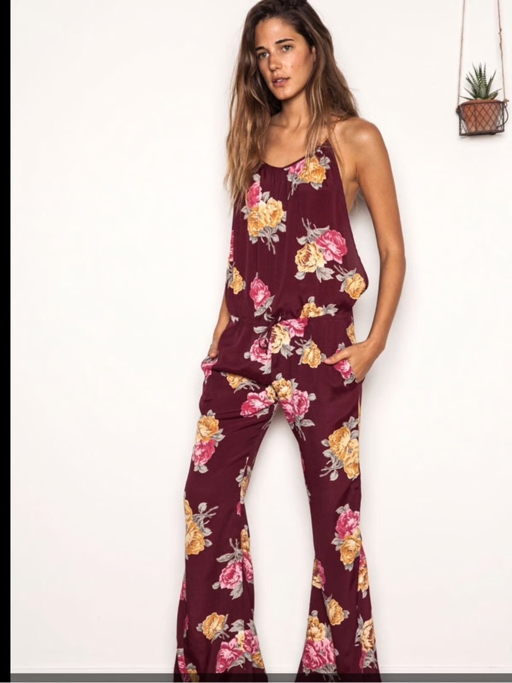 Flynn Skye not just flare floral jumper jumpsuit maroon small